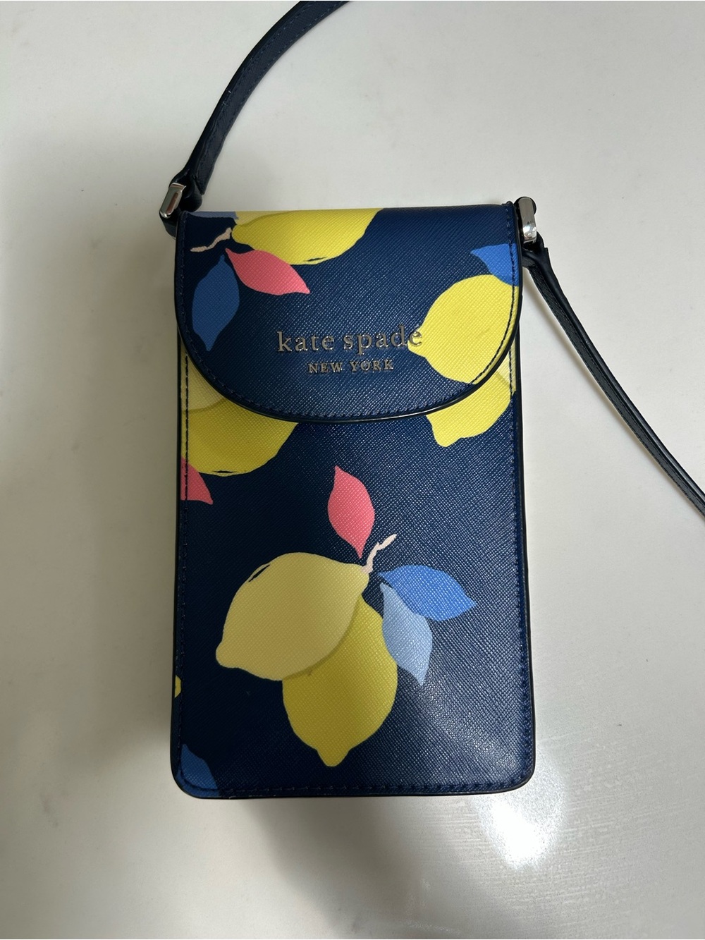 kate spade navy lemon print crossbody with pink and blue accents